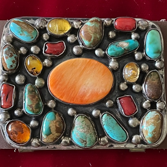 Spectacular Sterling Silver Concho Belt full of Turquoise, Coral, Amber and more - Picture 8 of 12